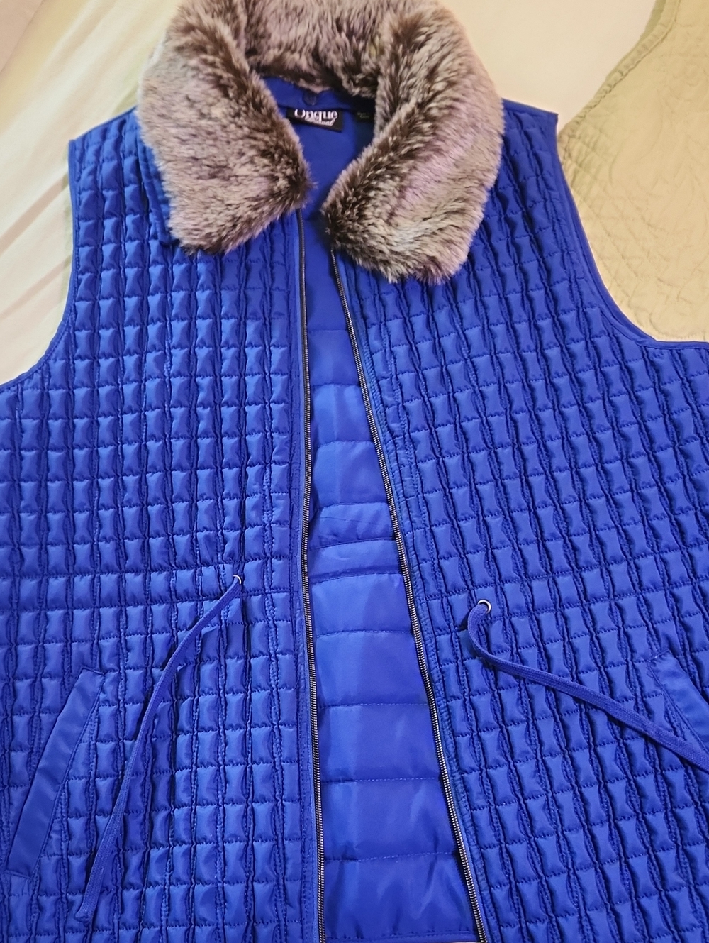 Womens Onque Casuals Royal Blue Quilted Vest with Faux Fur Collar